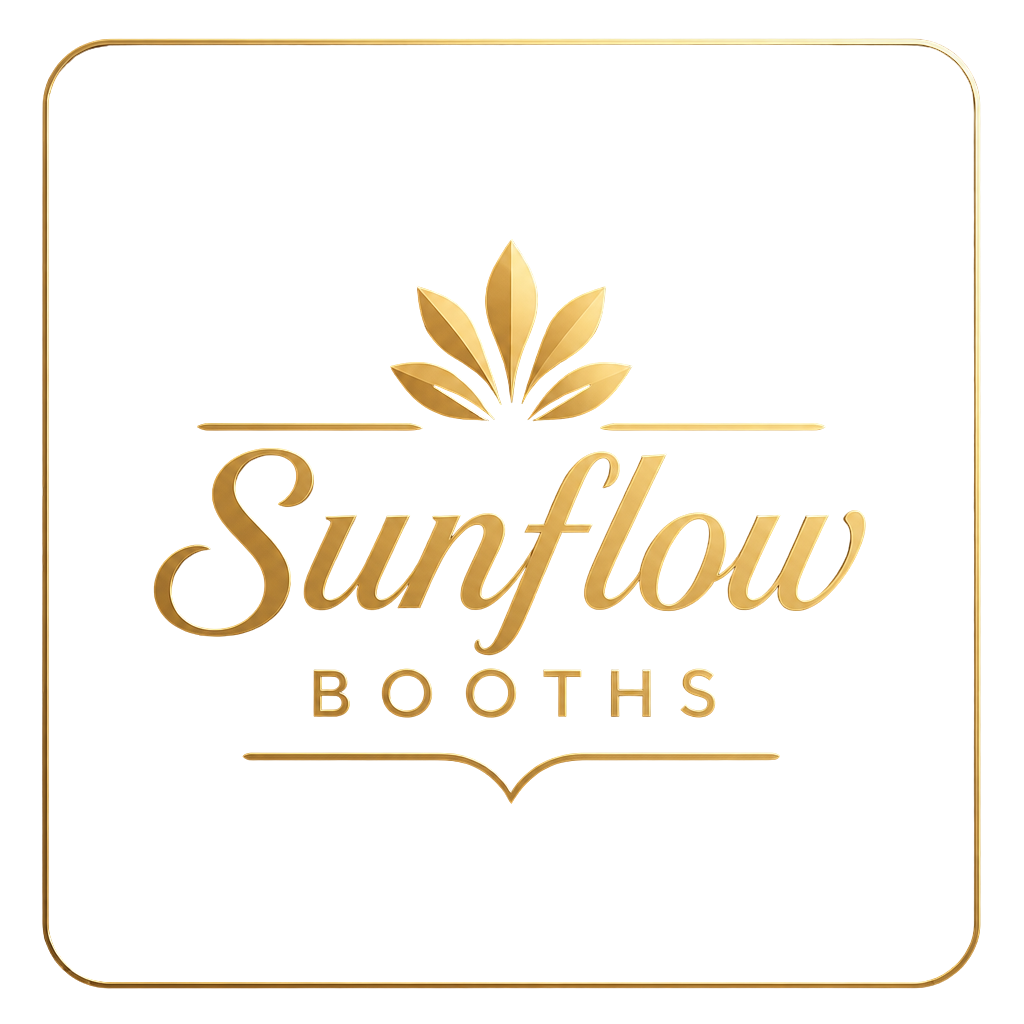 SuflowboothLogoTransparent Gold logo with the words “Sunflow Booths” in elegant script and capital letters, topped by a stylized gold flower, all on a white background with a rounded gold border.