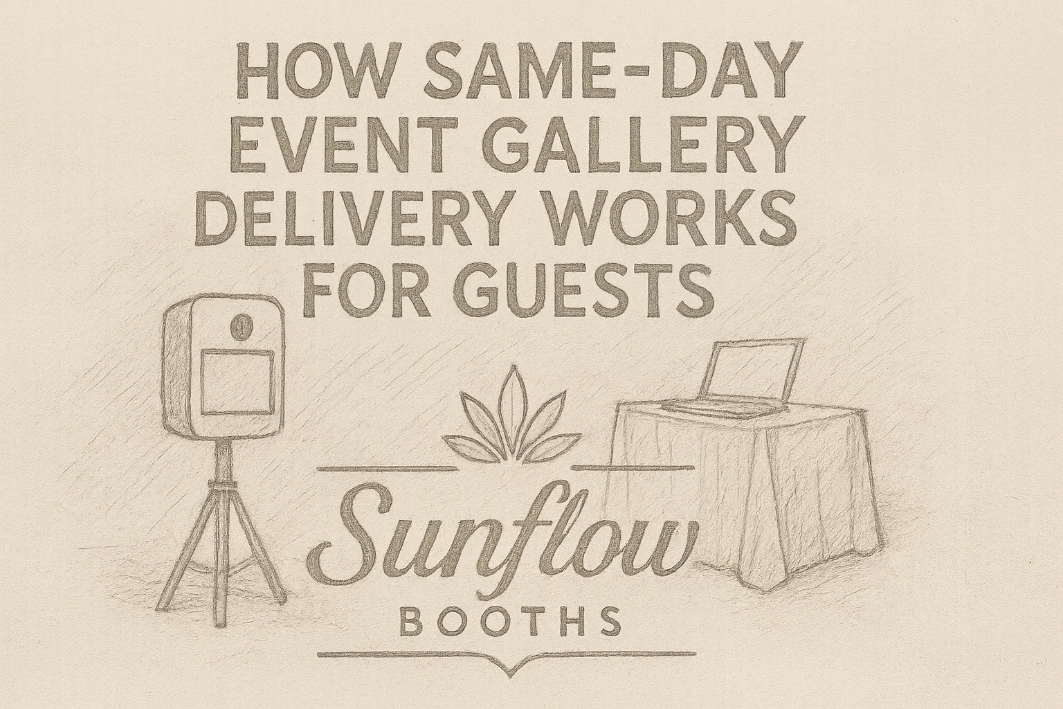 Sketch-style image showing a photo booth and a laptop on a table with text: “How same-day event gallery delivery works for guests. Sunflow Booths.” A leaf logo is centered beneath the main text.